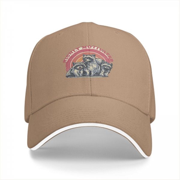 Black baseball cap with highly motivated raccoon graphic and retro rainbow