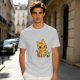 Olive T-shirt with mischievous orange cat knocking over green cup print