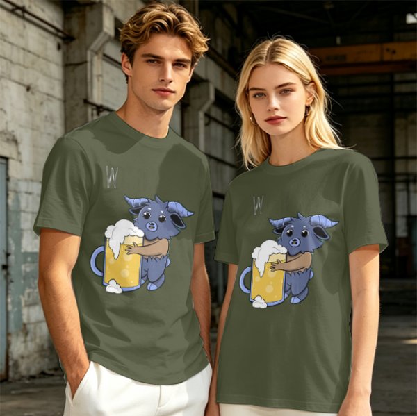 Olive T-Shirt With Cute Blue Goat Holding Foamy Beer Mug Print