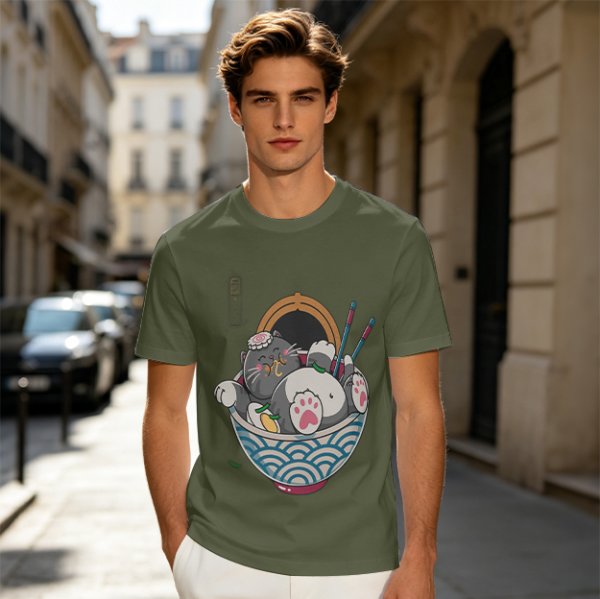 Oversized T-Shirt With Chubby Cat In Ramen Bowl Print