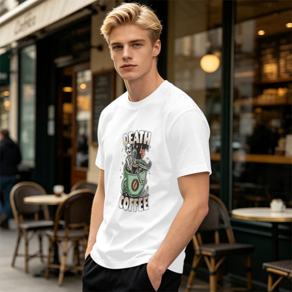 Oversized Army Green T-Shirt With 'Death By Coffee' Skeleton Print