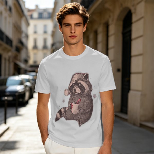 Olive T-Shirt With Raccoon In Santa Hat Holding Mug Print
