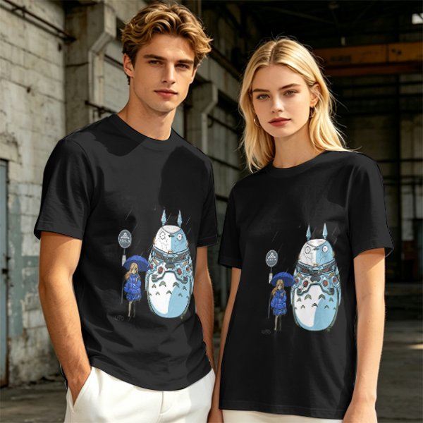 Olive T-Shirt with Mech Totoro and Girl at Bus Stop Print