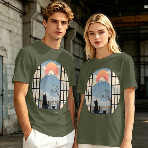 Olive T-shirt with Black Cat Viewing Mount Fuji Sunrise Art