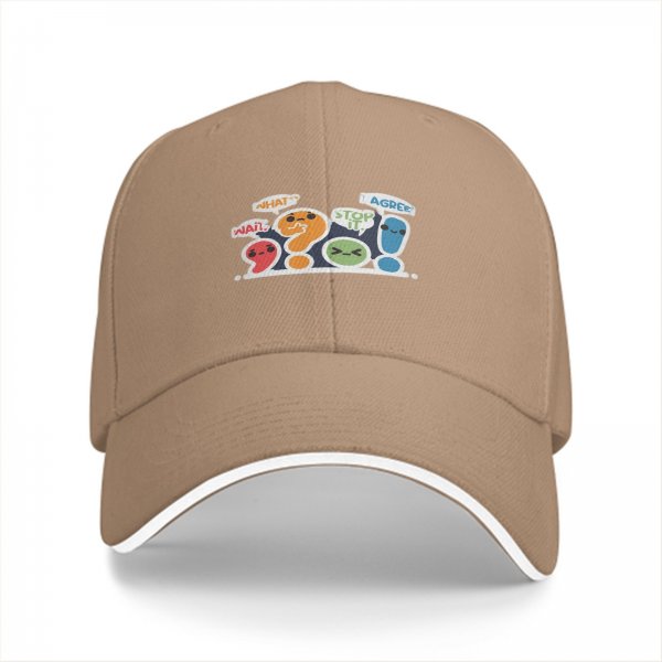 Black baseball cap with cute punctuation characters and speech bubbles