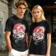 Olive T-shirt with stylized white dragon and red circular graphic print
