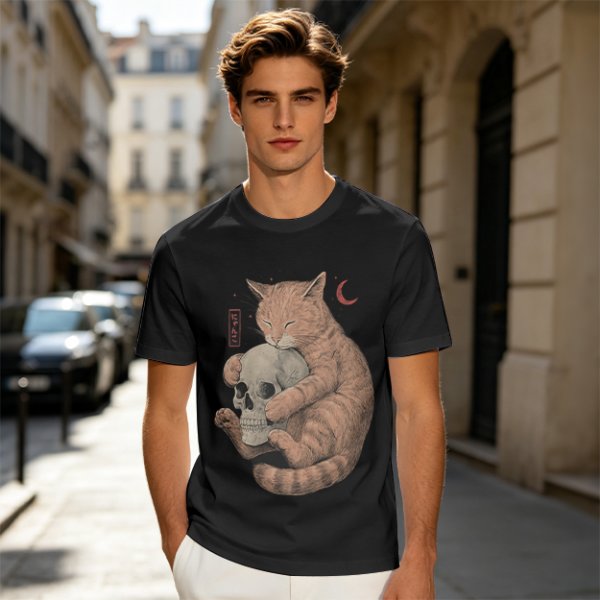 Olive T-Shirt Featuring a Ginger Cat Hugging a Skull