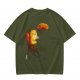 Olive T-Shirt Featuring a Relaxed Cat on a Chair with Fried Chicken Print