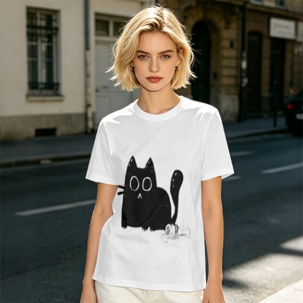 Oversized Army Green T-Shirt With Surprised Black Cat Graphic