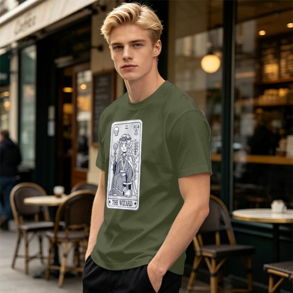 Olive T-Shirt With The Wizard Tarot Card Style Graphic Print