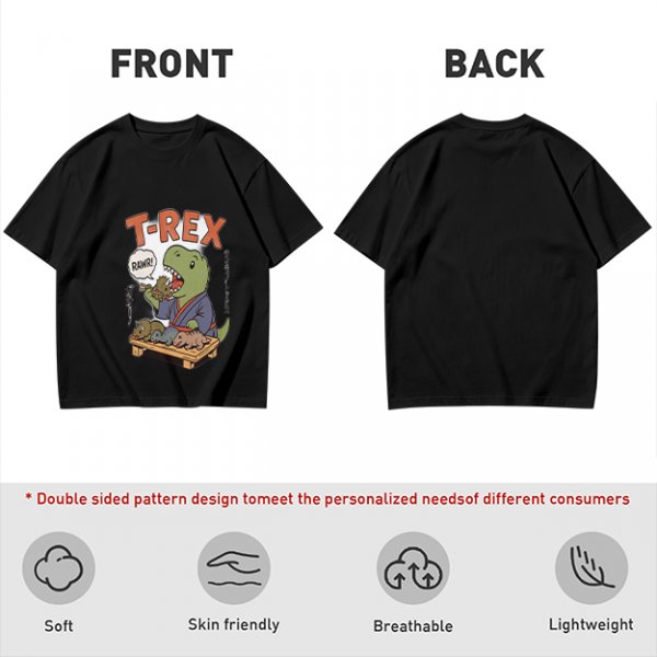 Olive T-shirt with cartoon T-Rex holding small dinosaurs and RAWR text