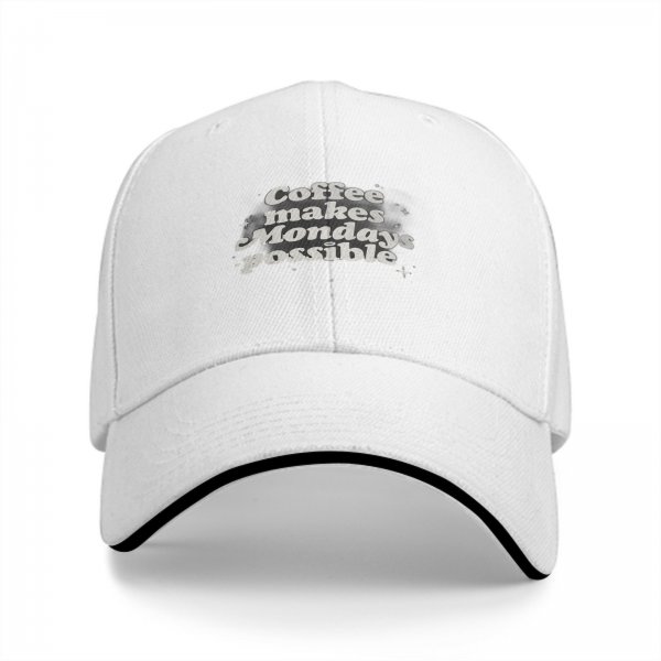 Black baseball cap with 'Coffee makes Mondays possible' print