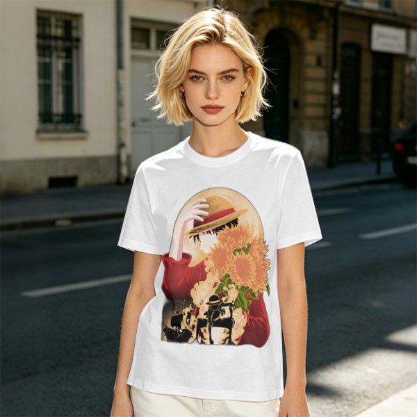 Olive anime graphic t-shirt with straw hat and sunflowers