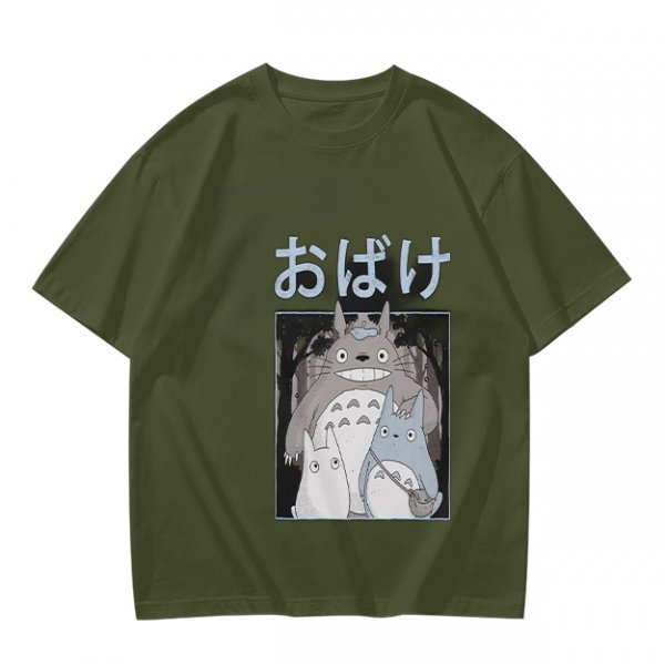 Olive green graphic tee with Totoro forest spirit print