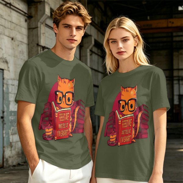 Olive T-Shirt With Nerdy Ginger Cat Reading Book Print