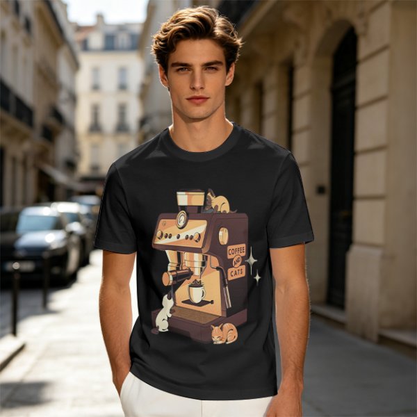 Olive t-shirt with espresso machine and cats graphic