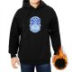 Black hoodie with Questers Monsters themed blue graphic print