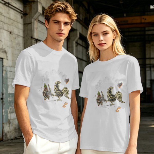 Olive Green T-Shirt With Knight Vs Rooster Fantasy Graphic Print