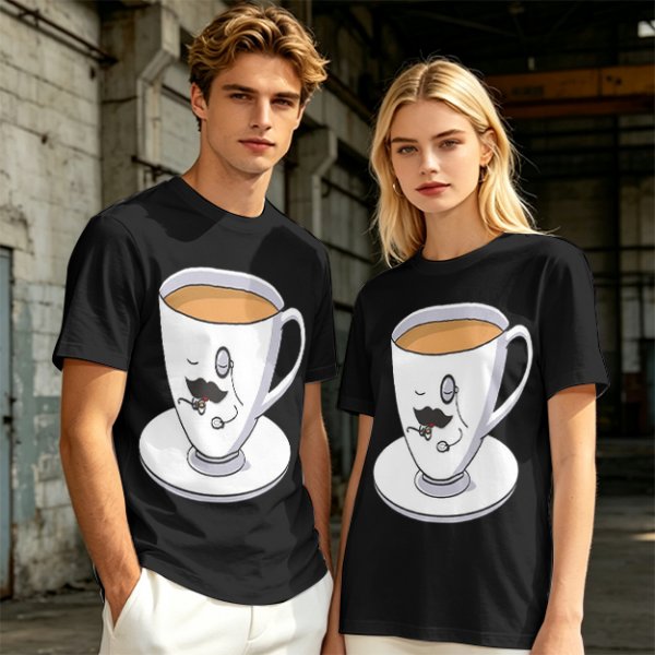 Olive Green T-Shirt With Dapper Cartoon Teacup Graphic