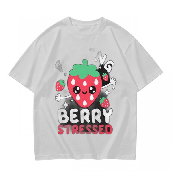 Olive graphic t-shirt with crying strawberry and 'berry stressed' text