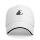 Black baseball cap with a cat holding a bone graphic and text