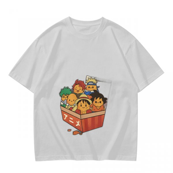 Olive T-shirt with Chibi Anime Characters in Takeout Box