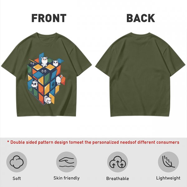 Olive T-Shirt With Cute Cats On A Rubik's Cube Graphic