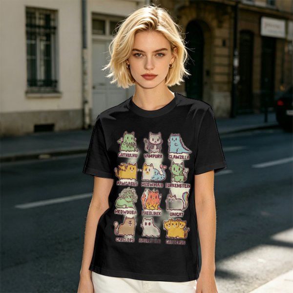 Olive green t-shirt with cute mythical monster cat graphic prints