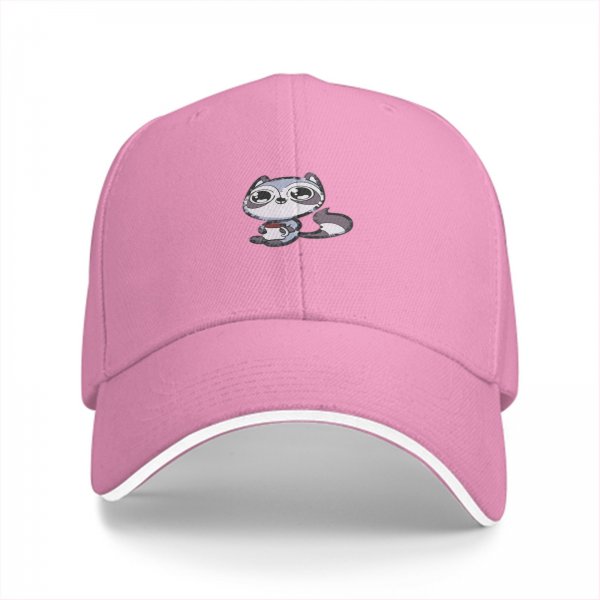 Black baseball cap with cute raccoon holding a coffee cup graphic