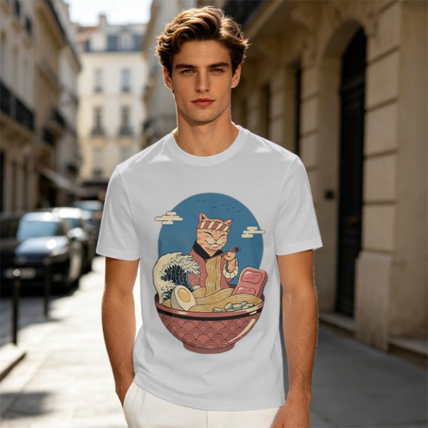 Cat Chef Eating Ramen in Great Wave Bowl T-Shirt