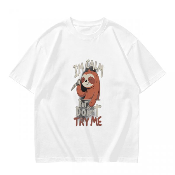 Olive graphic t-shirt with sloth holding knife and 'I'm calm but don't try me' text