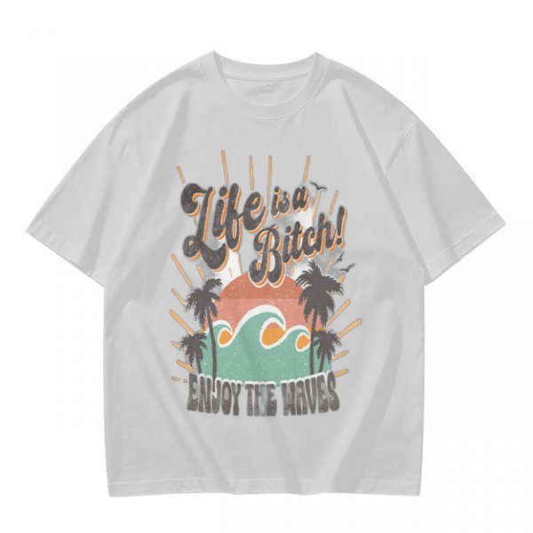 Olive graphic t-shirt with tropical sunset wave and palm tree print