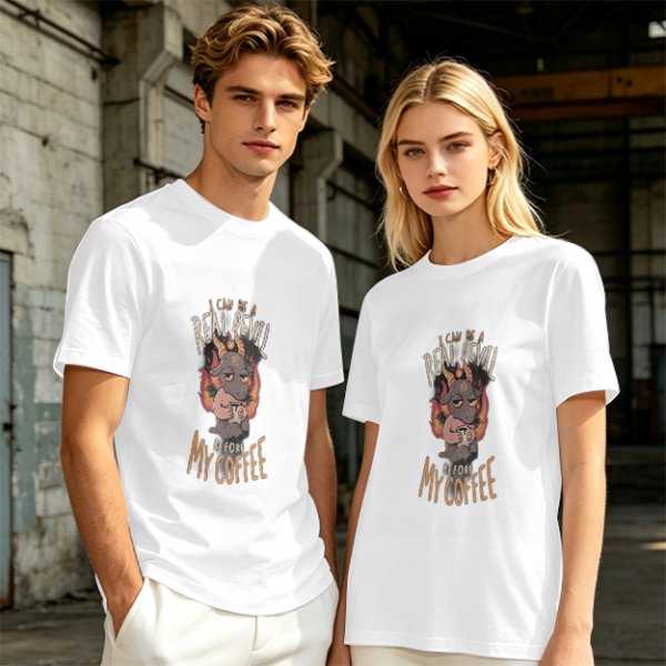 Olive graphic t-shirt with 'I can be a real devil before my coffee' print