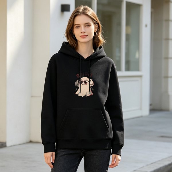 Black Hoodie With Cool Thumbs Up Ghost Graphic Print