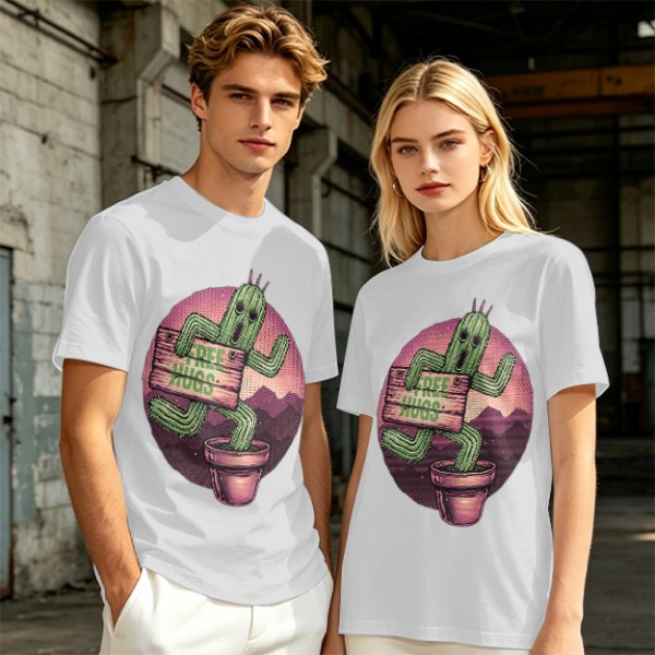 Olive T-shirt with Cartoon Cactus Free Hugs Desert Print