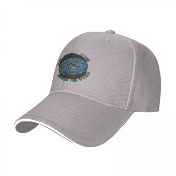 Black baseball cap with flat earth 'around the world' graphic print