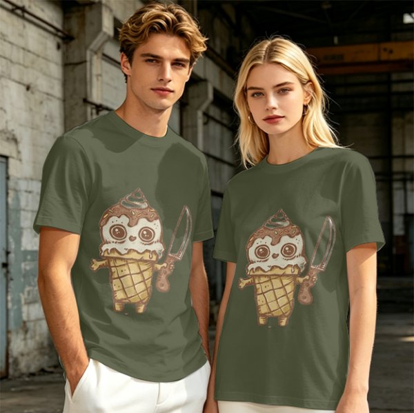 Olive T-Shirt With Cute Ice Cream Cone Holding Knife Print