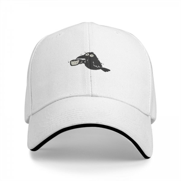 Black baseball cap with a cartoon crow holding a coffee cup