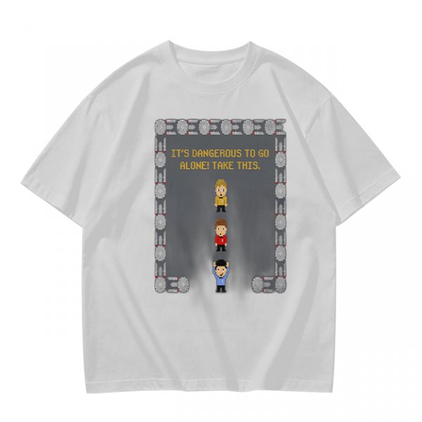 Olive t-shirt with retro video game 'It's dangerous to go alone' print