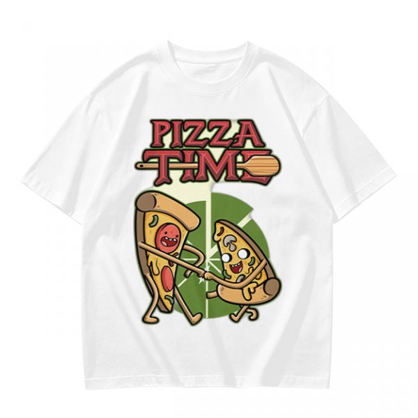 Olive green pizza graphic t-shirt with playful pizza slice characters