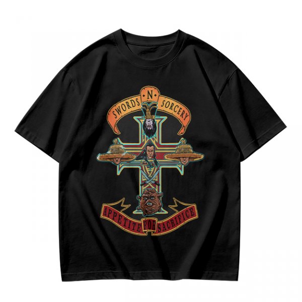 Olive graphic t-shirt with swords n sorcery appetite for sacrifice cross design