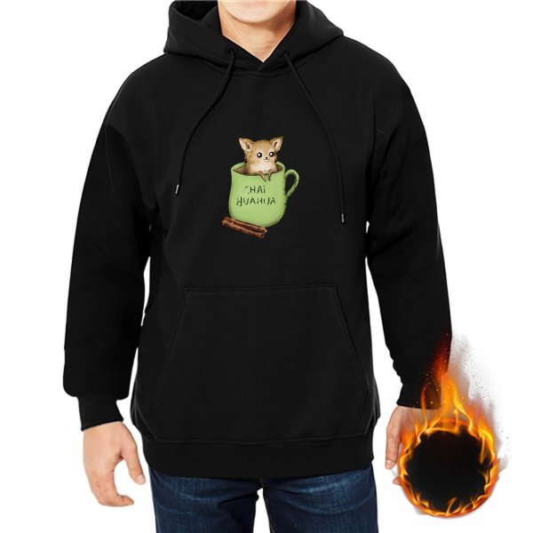 Black hoodie with a chihuahua in a green tea cup graphic