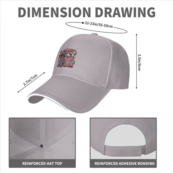 Black baseball cap with cowboy raccoon graphic and 'where the vibes ain't howdy' text