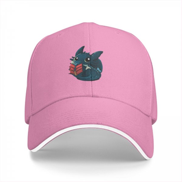 Black baseball cap featuring a cute dragon reading a red book