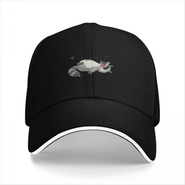 Black Baseball Cap With Playful Yawning Raccoon Graphic