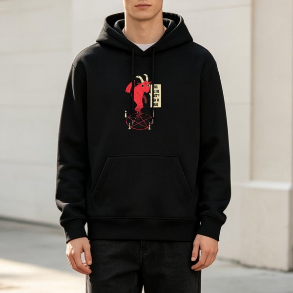 Black hoodie with cute devil pentagram graphic and funny text print
