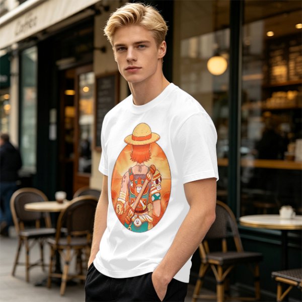 Olive T-Shirt Featuring Anime Character With Straw Hat Back View