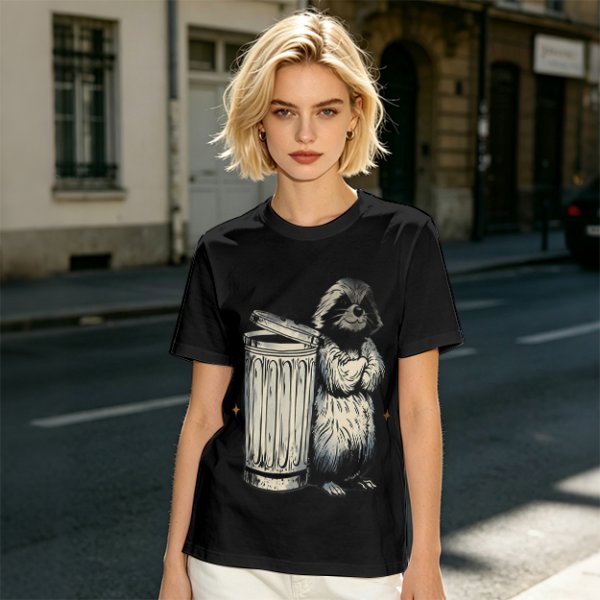 Olive Green T-Shirt With Raccoon Standing Next To Trash Can Graphic