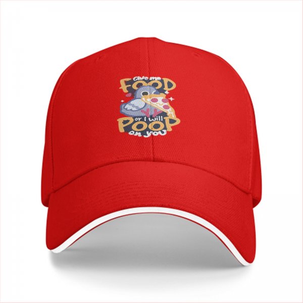 Black baseball cap with funny pigeon pizza 'give me food or i will poop on you' print