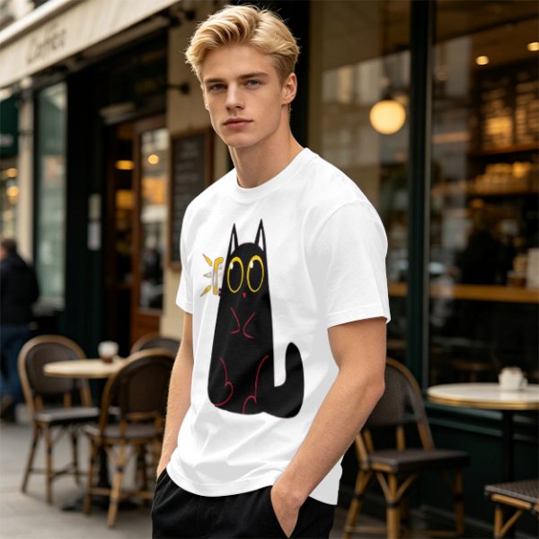 Olive Green T-Shirt With Surprised Black Cat Graphic Print